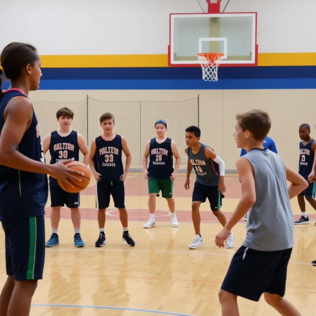 High school basketball players practicing during offseason training camp