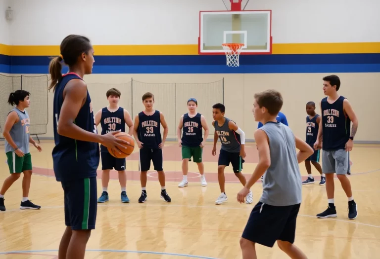 High school basketball players practicing during offseason training camp