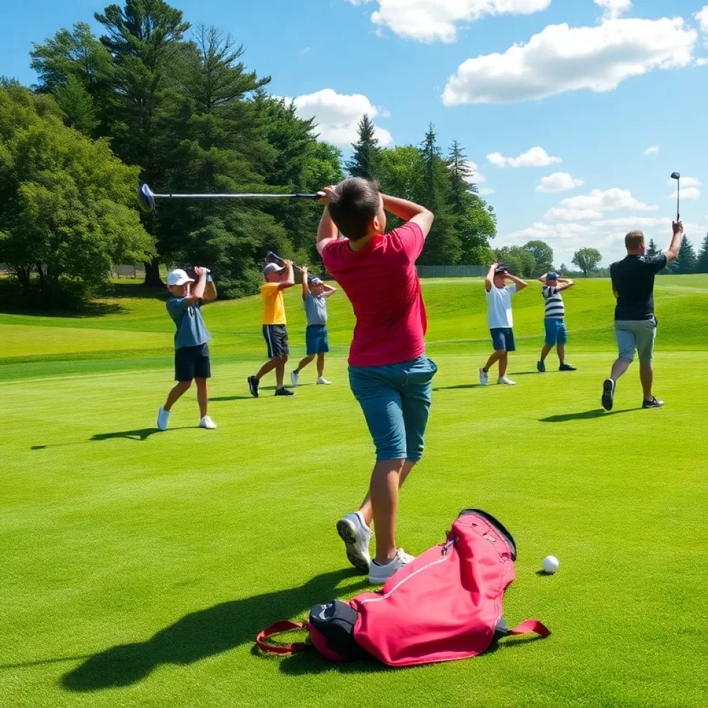 Young golfers practicing on a sunny day at a golf course