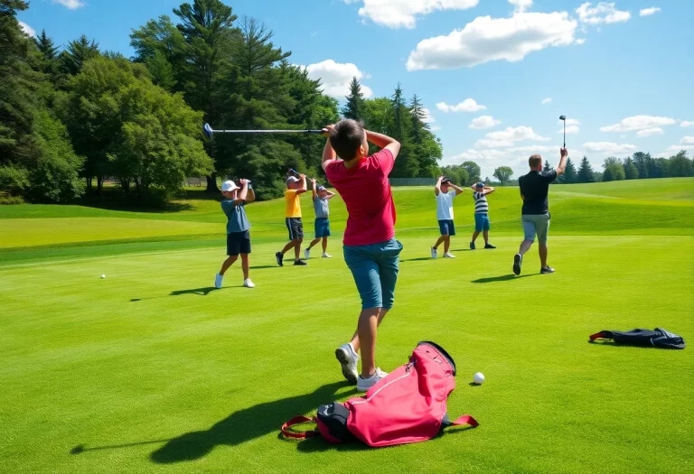 Young golfers practicing on a sunny day at a golf course