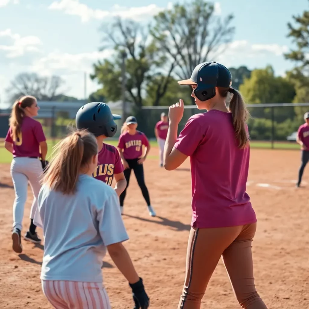Softball players practicing on the field at Marion High School.