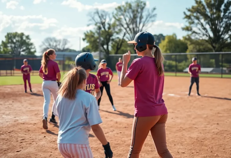 Softball players practicing on the field at Marion High School.