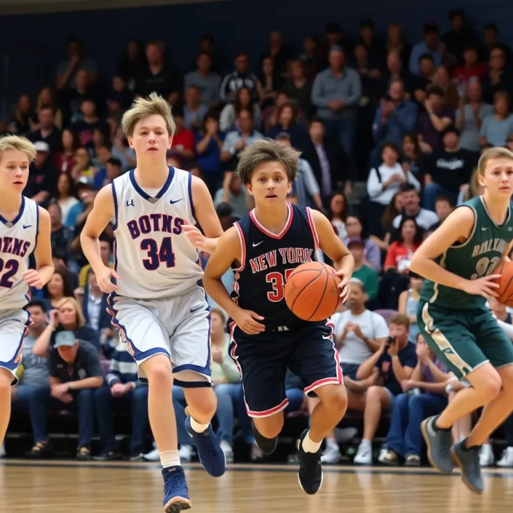 Marksville High School boys basketball players in action during a game.