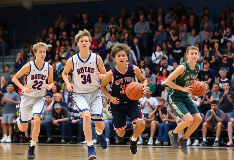 Marksville High School boys basketball players in action during a game.