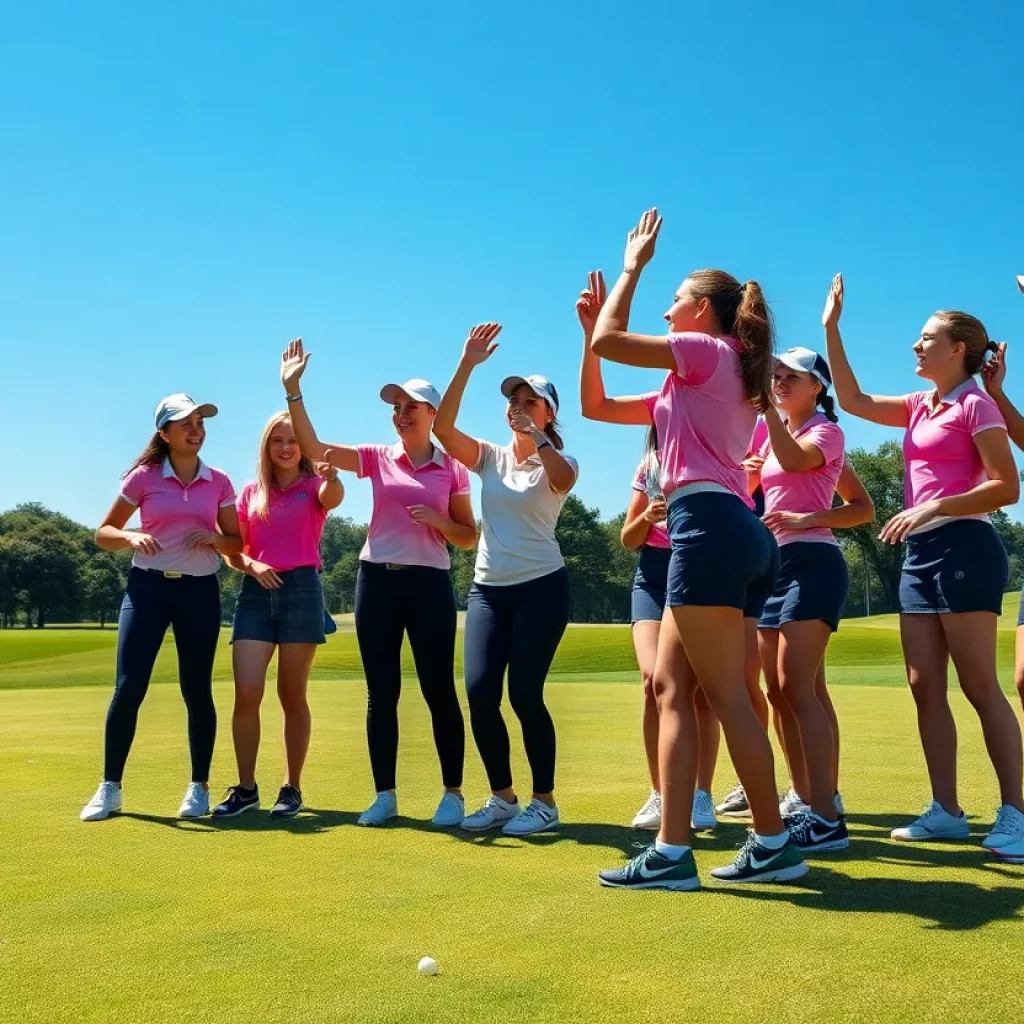 Girls golf team celebrating at a golf course