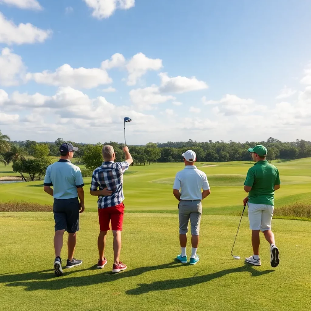 A scenic view of a golf course with young athletes playing during a tournament.