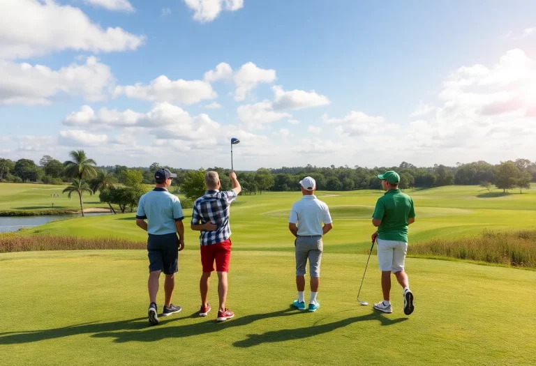 A scenic view of a golf course with young athletes playing during a tournament.