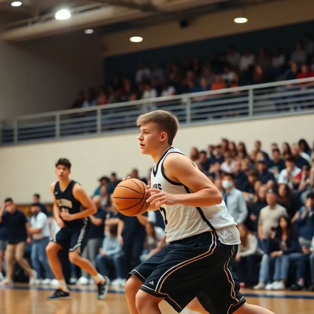 High school basketball players in action during a game