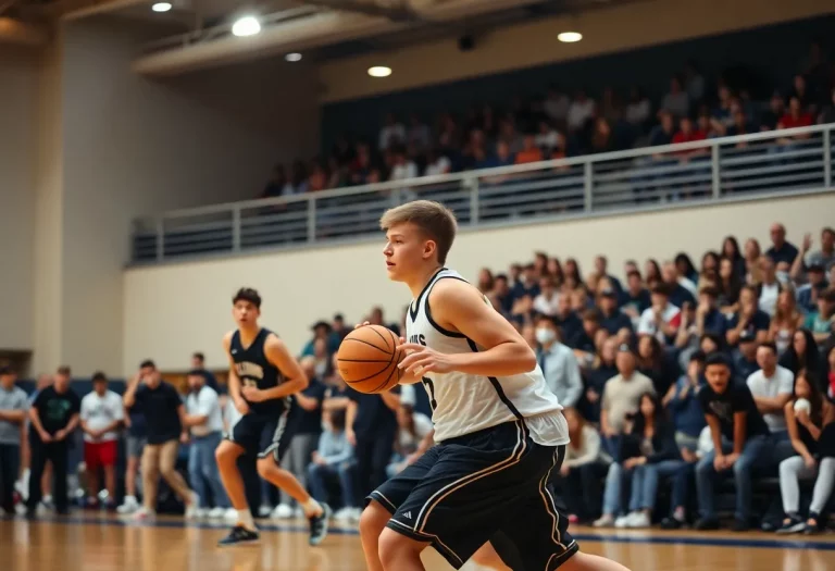 High school basketball players in action during a game