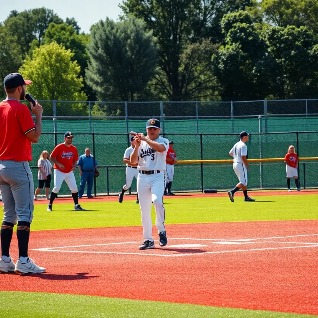 Baseball players practicing on a field