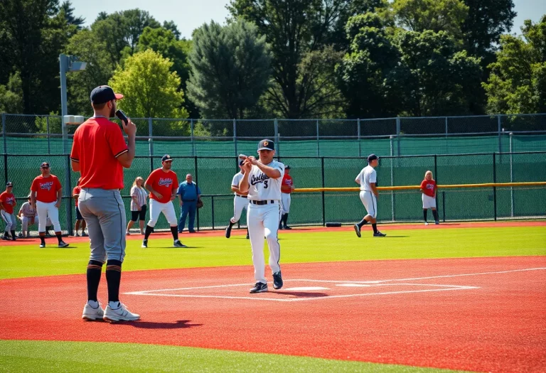 Baseball players practicing on a field