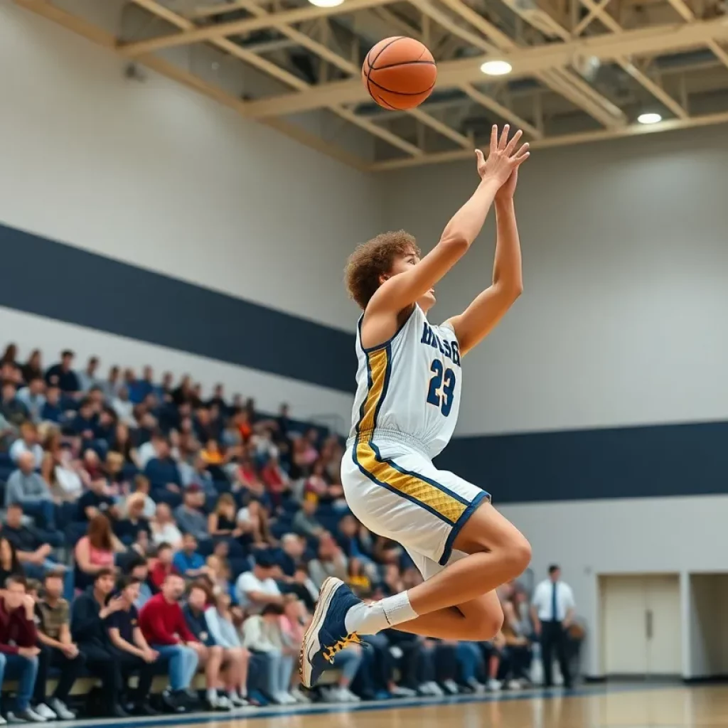 High school basketball player shooting a basketball during a game.