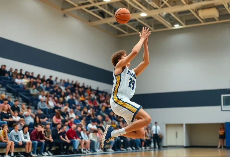 High school basketball player shooting a basketball during a game.