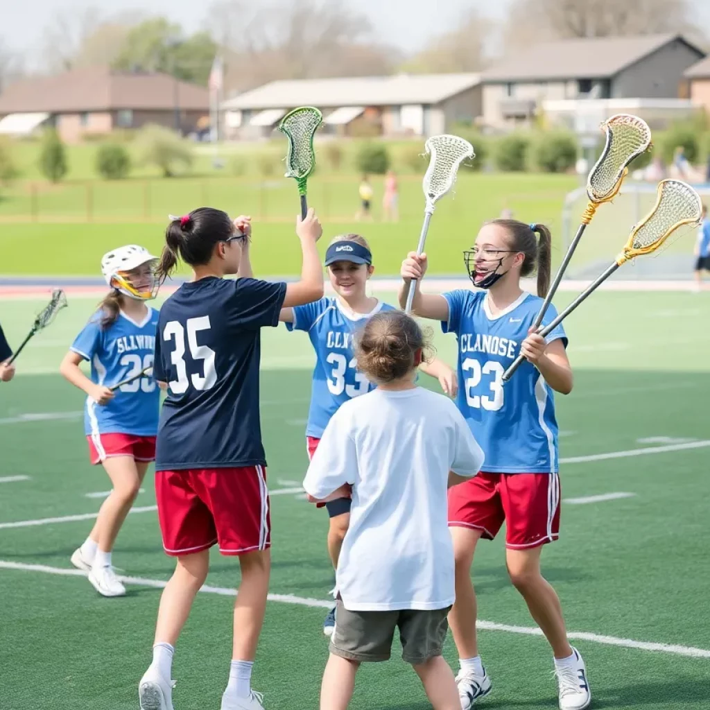Boys lacrosse team practicing on the field