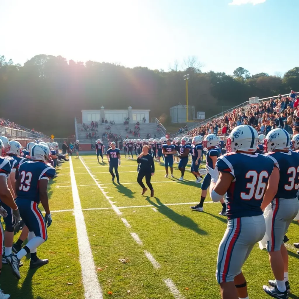 Action-packed scene of high school football game with players and fans.