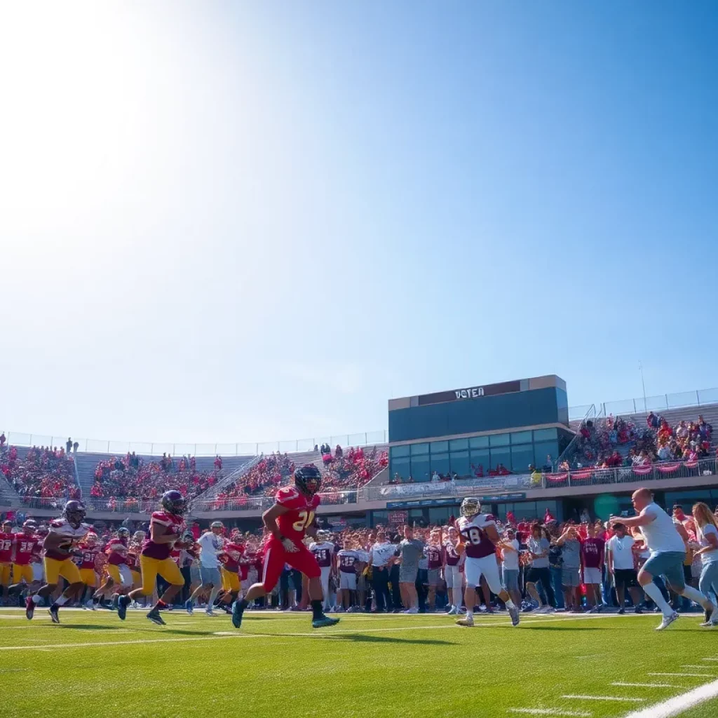 High school football players in a dynamic game scene with cheering fans.