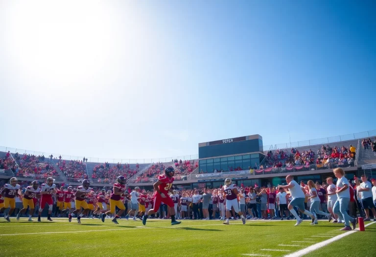 High school football players in a dynamic game scene with cheering fans.