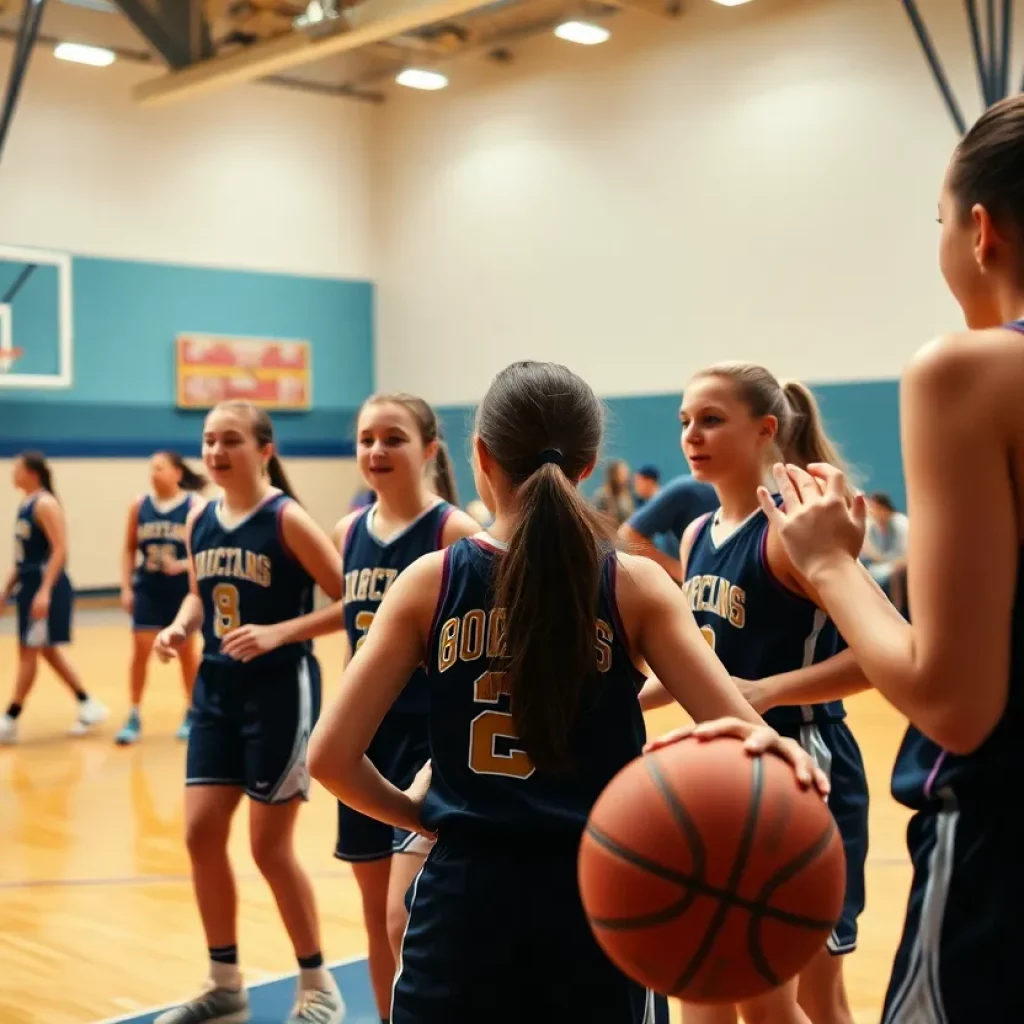 Girls' basketball players in action during a game.