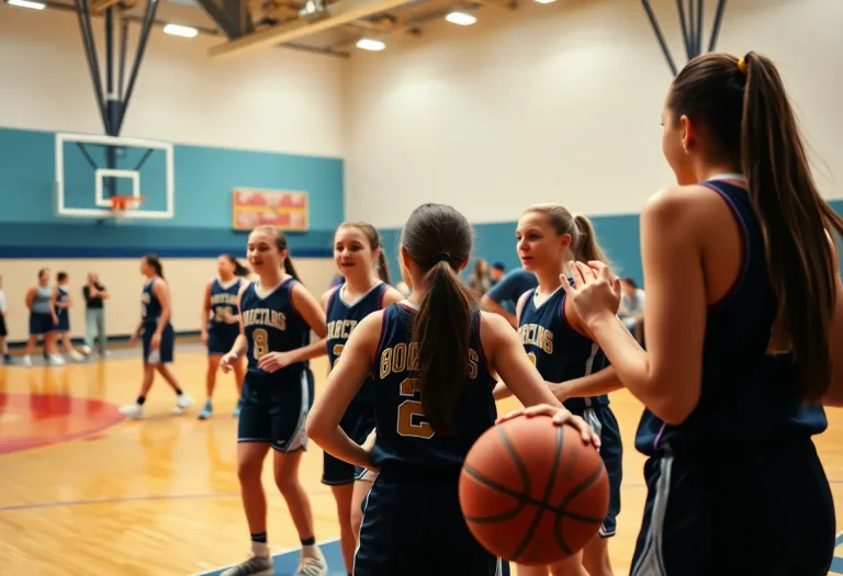 Girls' basketball players in action during a game.