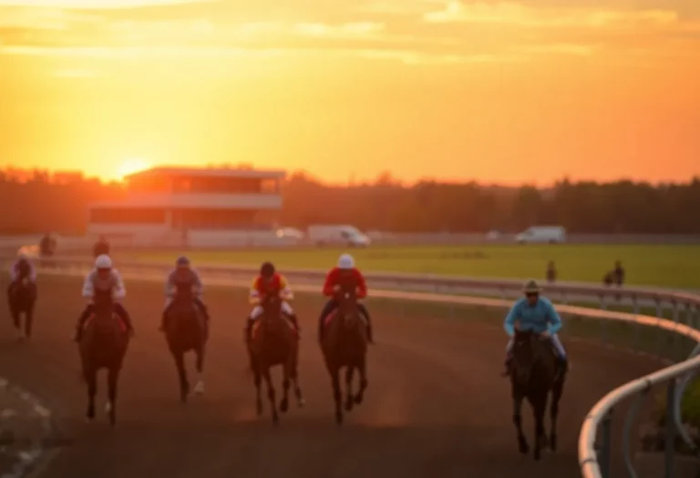A horse racing track at sunrise reflecting the legacy of D. Wayne Lukas