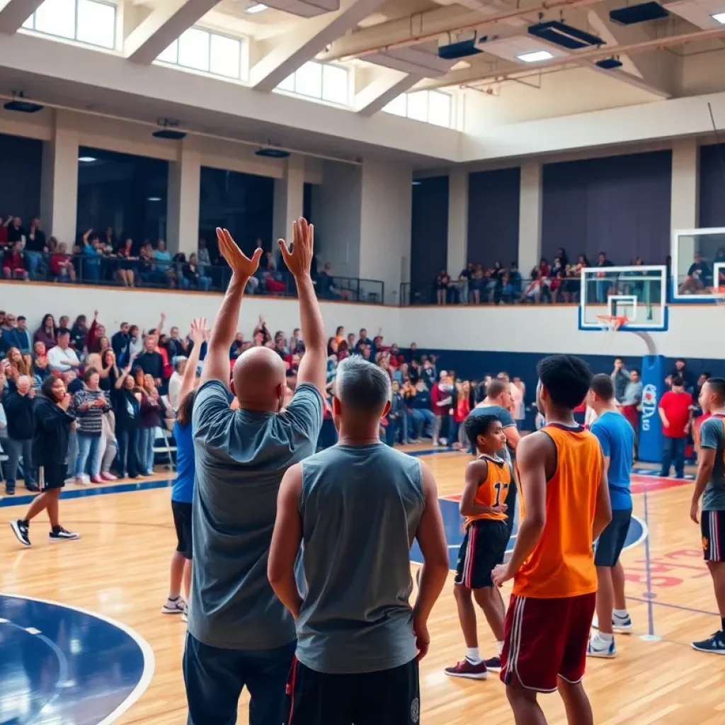 Fans cheering at a Memorial High School basketball game