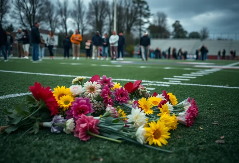 Memorial with flowers on a football field