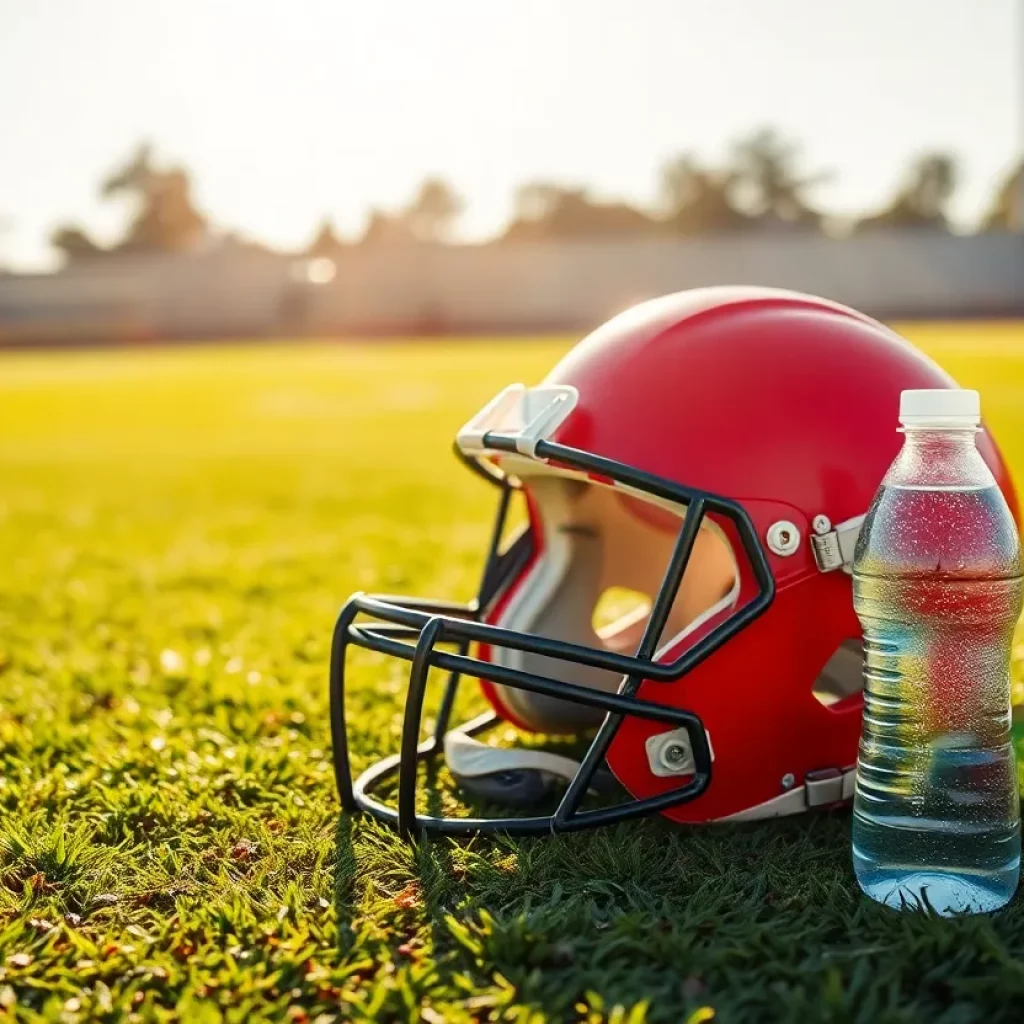 Empty football helmet on a field representing awareness of heat stroke.