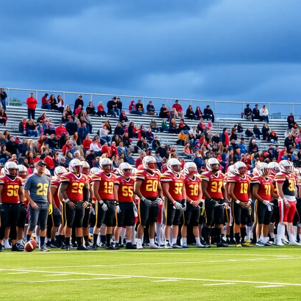 High school football players on the field with cheering fans