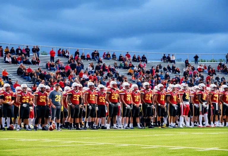 High school football players on the field with cheering fans