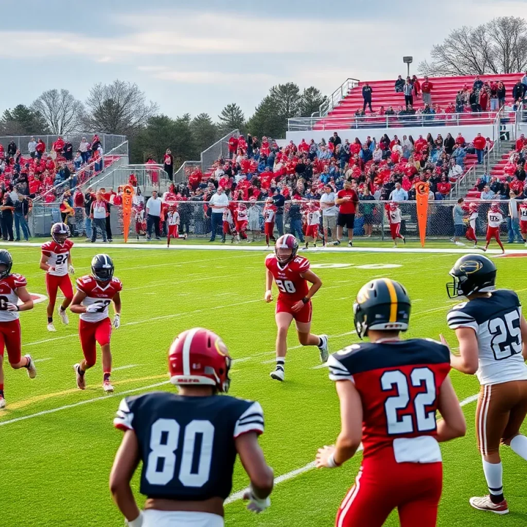 High school football players on the field competing during a game