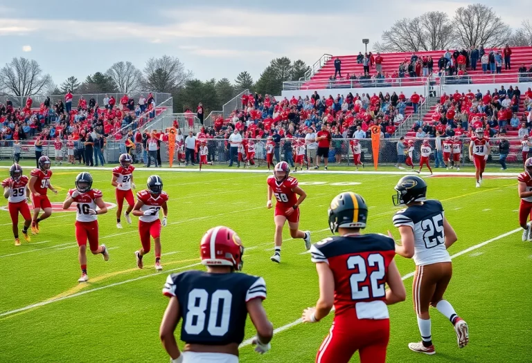 High school football players on the field competing during a game