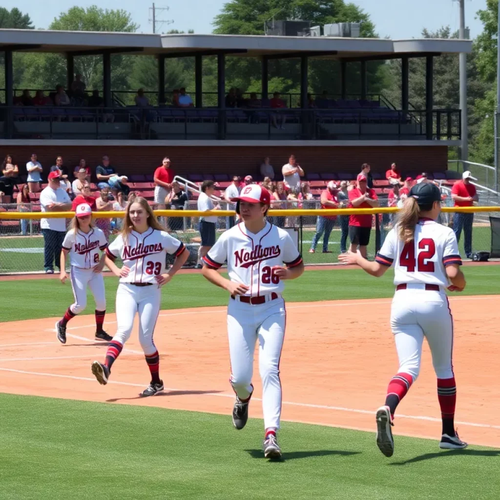 High school softball and baseball teams playing on a sunny day.