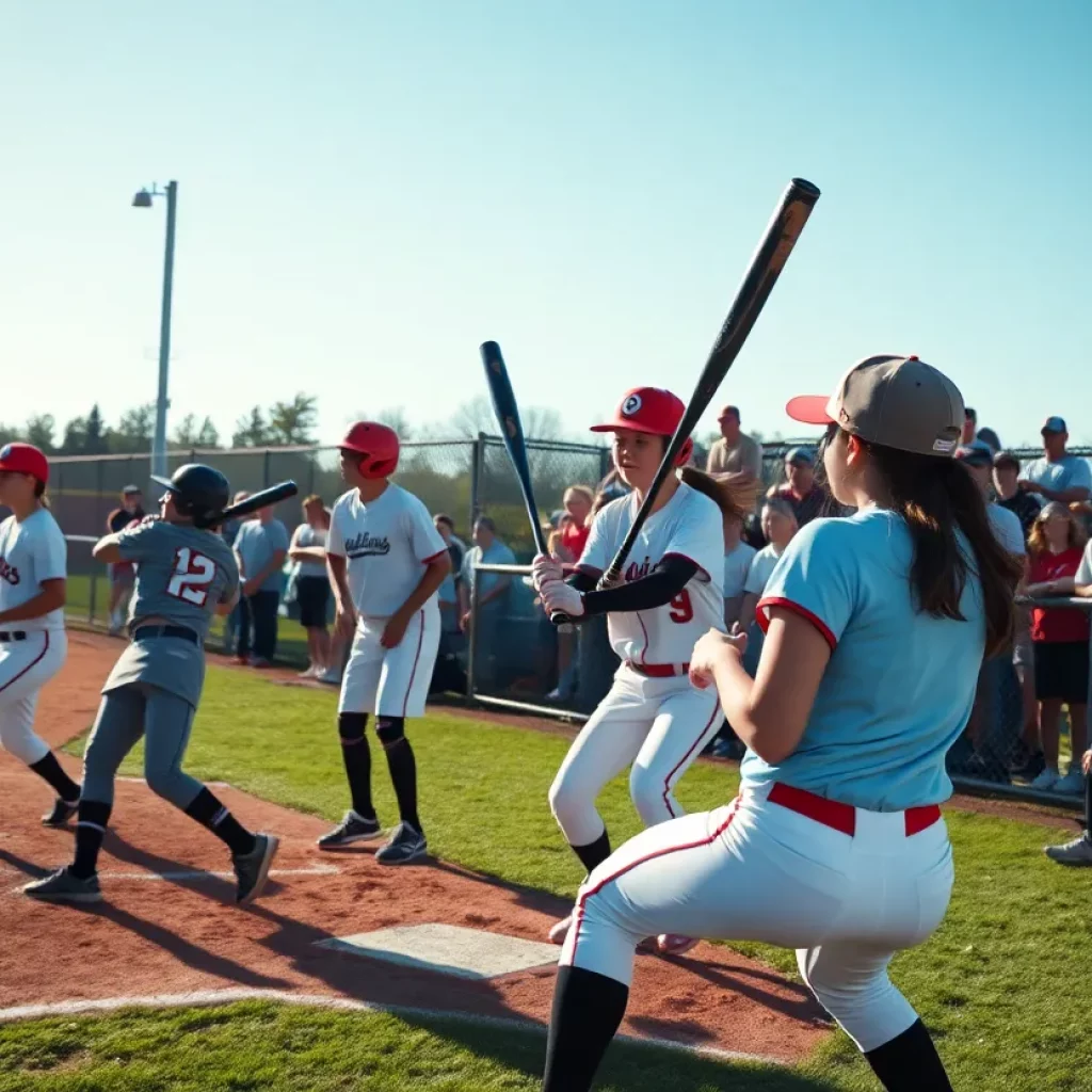 High school baseball and softball players in action during a game