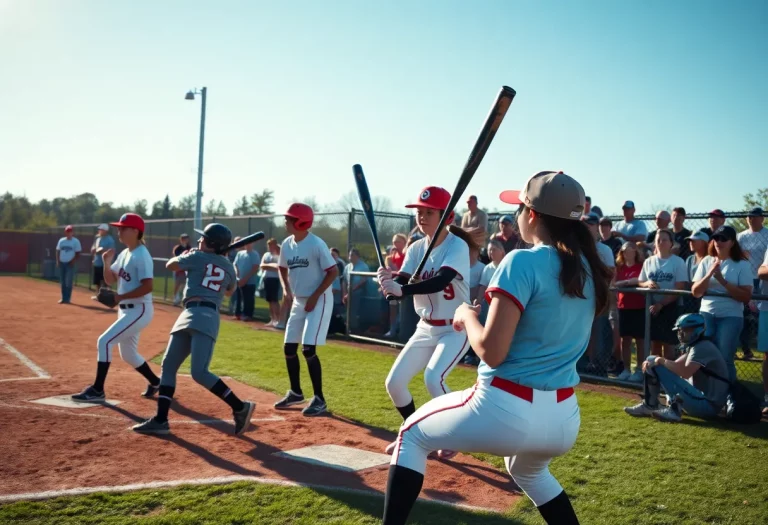 High school baseball and softball players in action during a game