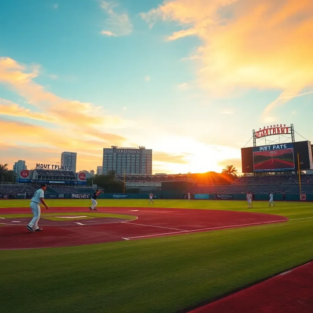 Baseball players practicing on a field during sunset