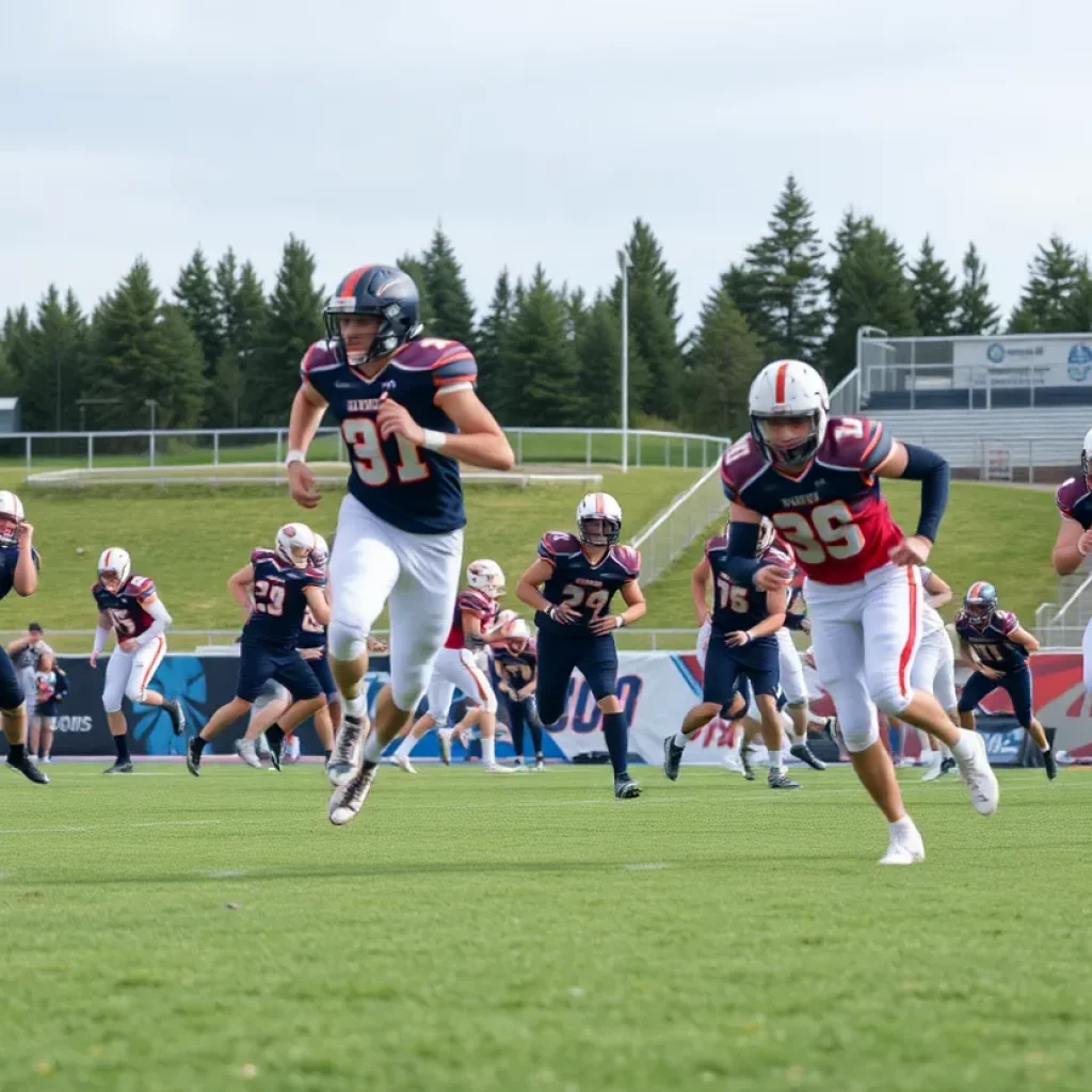 High school football players in action during a game in Montana