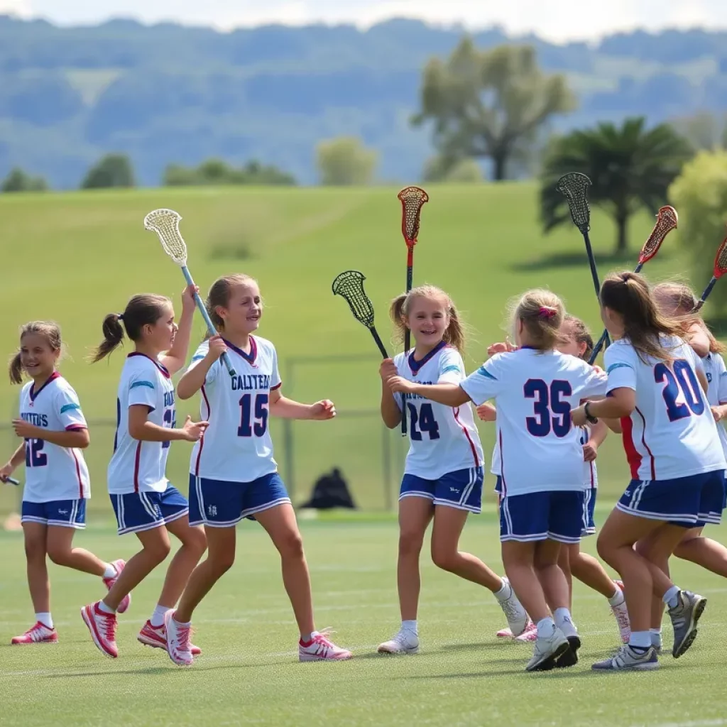 A group of young lacrosse players celebrating during a game.