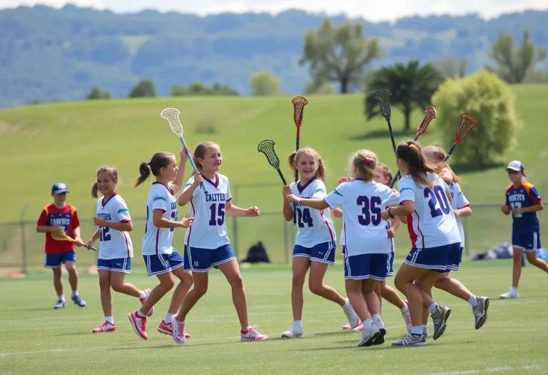 A group of young lacrosse players celebrating during a game.