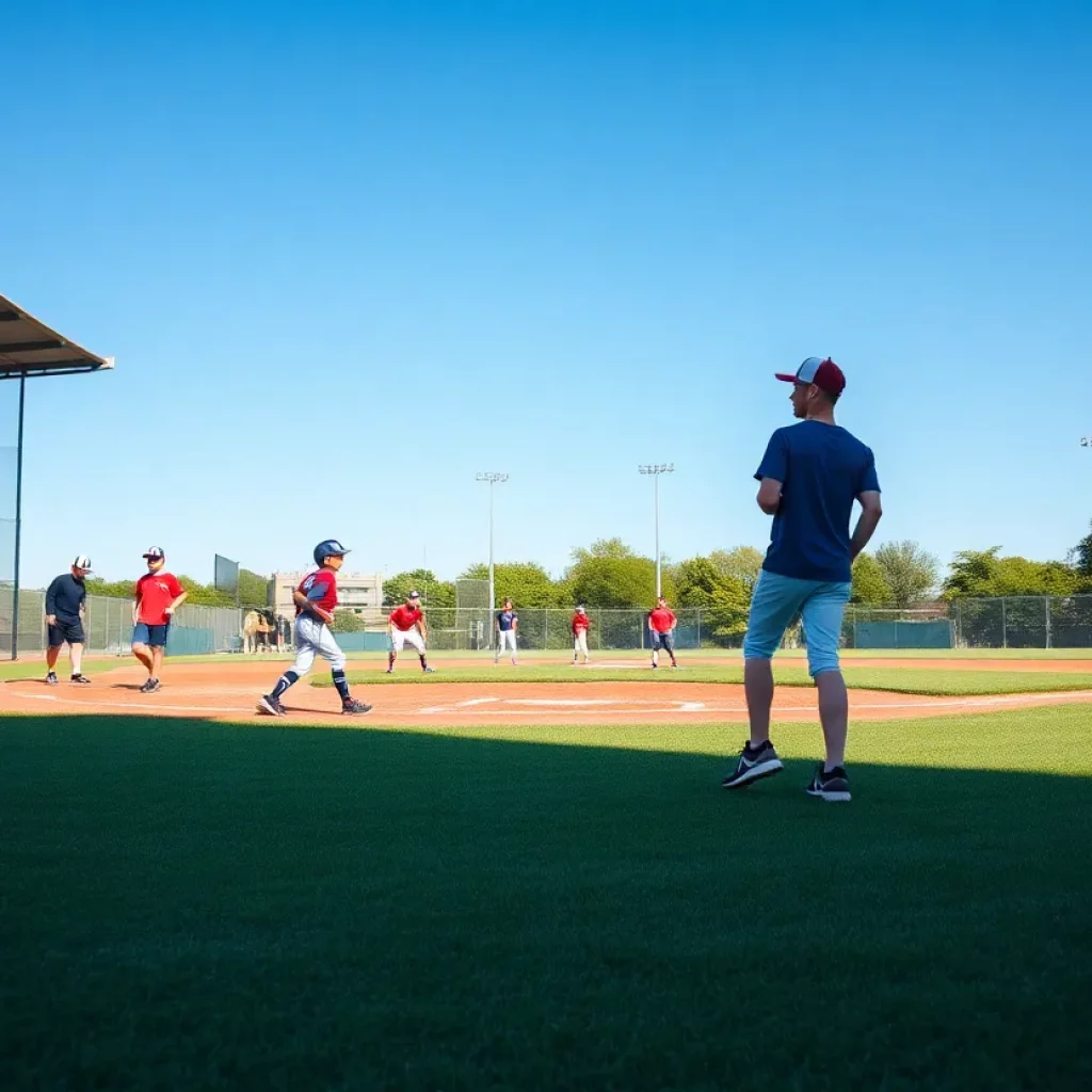 Baseball field with players practicing