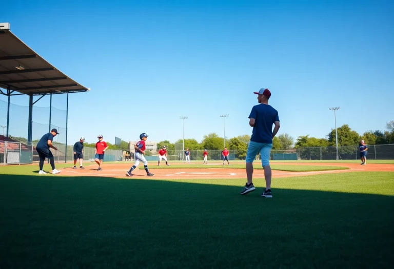 Baseball field with players practicing