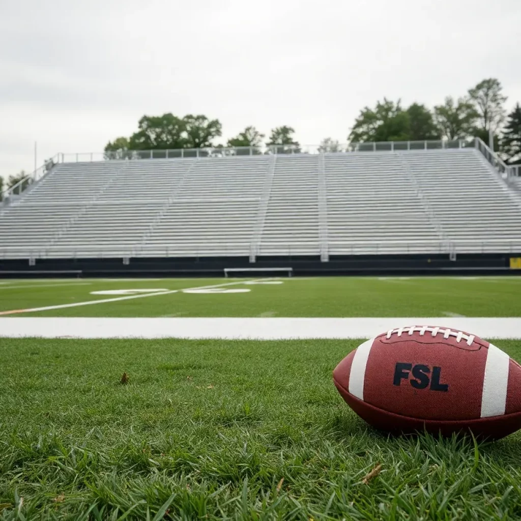 Empty football field at a high school during a somber moment.