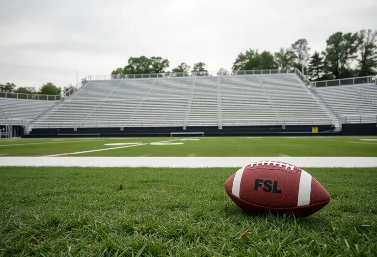 Empty football field at a high school during a somber moment.