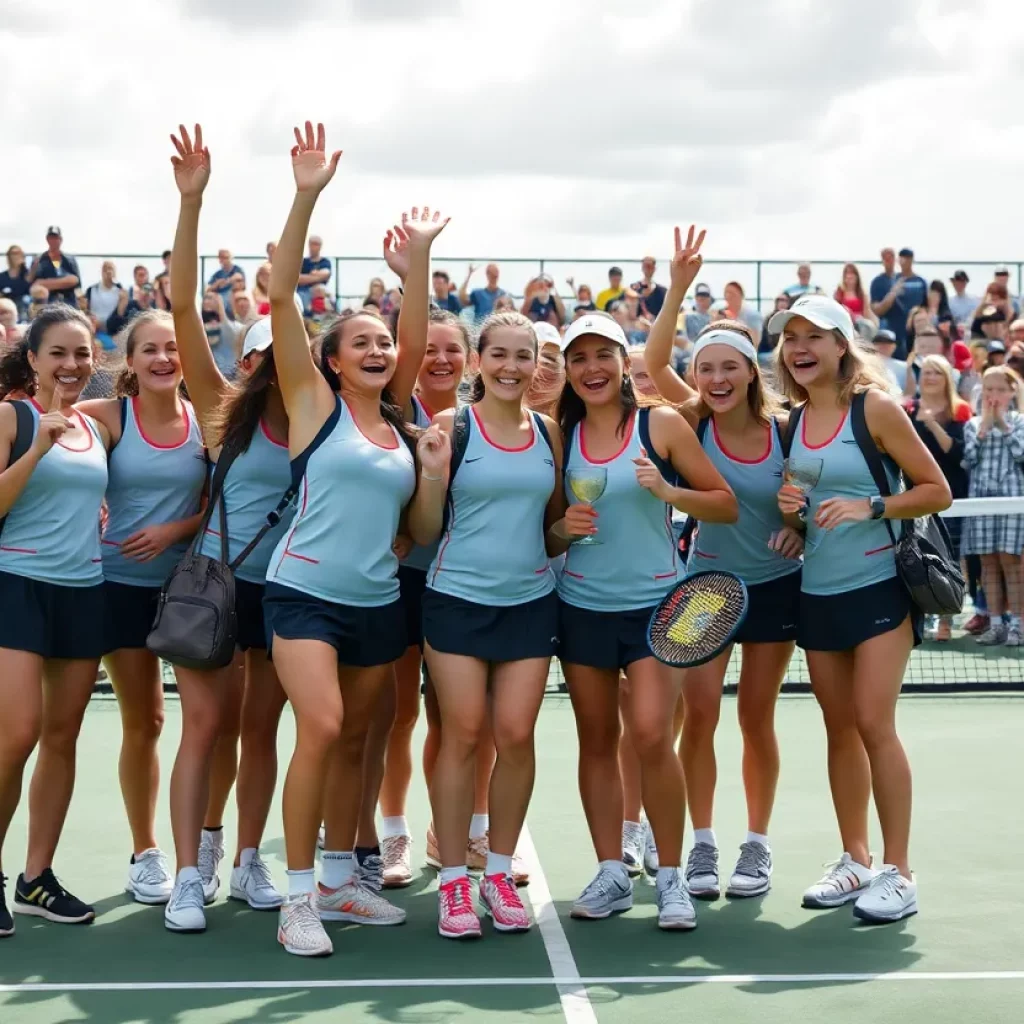 Mt. Vernon girls tennis team celebrating their victory on the court