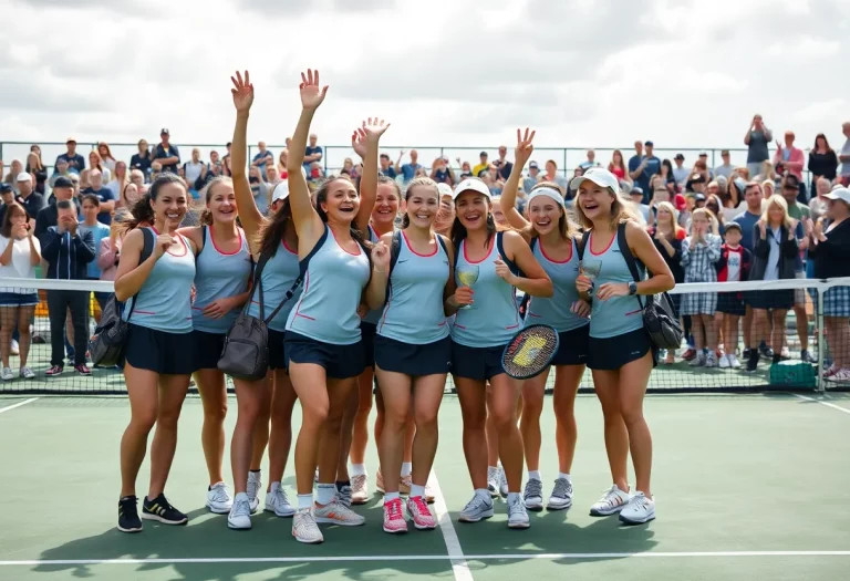 Mt. Vernon girls tennis team celebrating their victory on the court