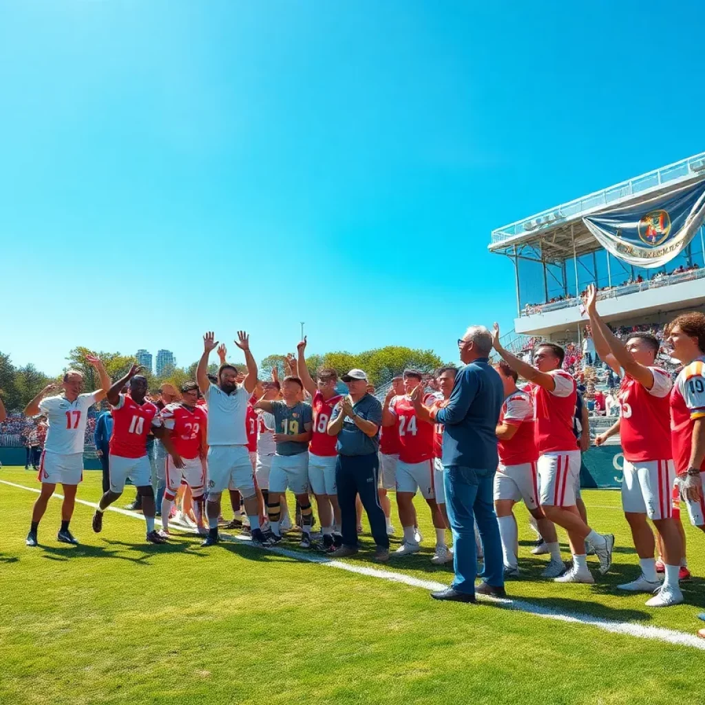 Muskego football team celebrating their coach's Hall of Fame induction