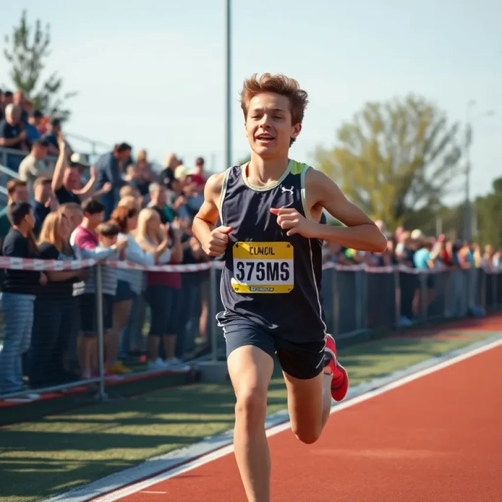 High school runner crossing the finish line in a race.