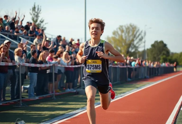 High school runner crossing the finish line in a race.