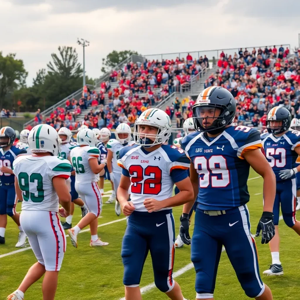 High school football teams in North Carolina displaying new uniforms during a game