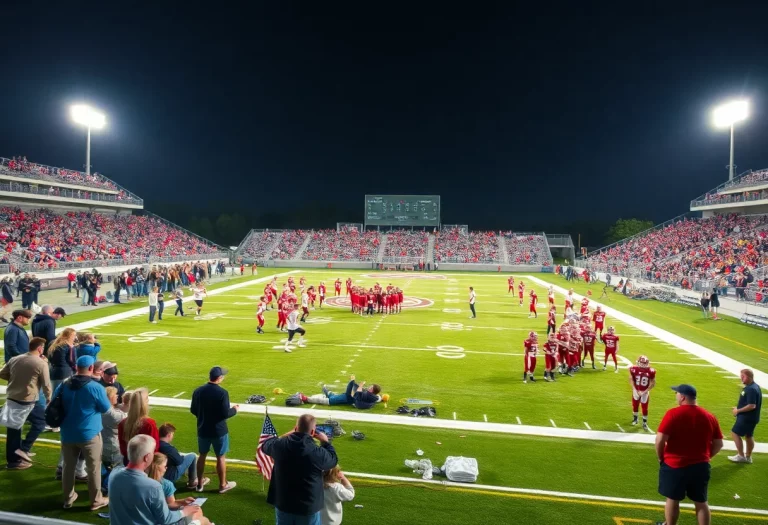 Excited fans watching a high school football game at night