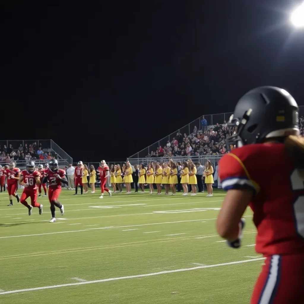 High school football game in New York with players and cheerleaders